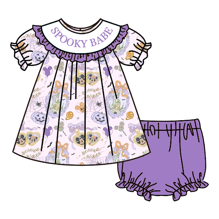 （Pre Order）Girls Halloween Embroidery Smocked Romper&Bloomer Set