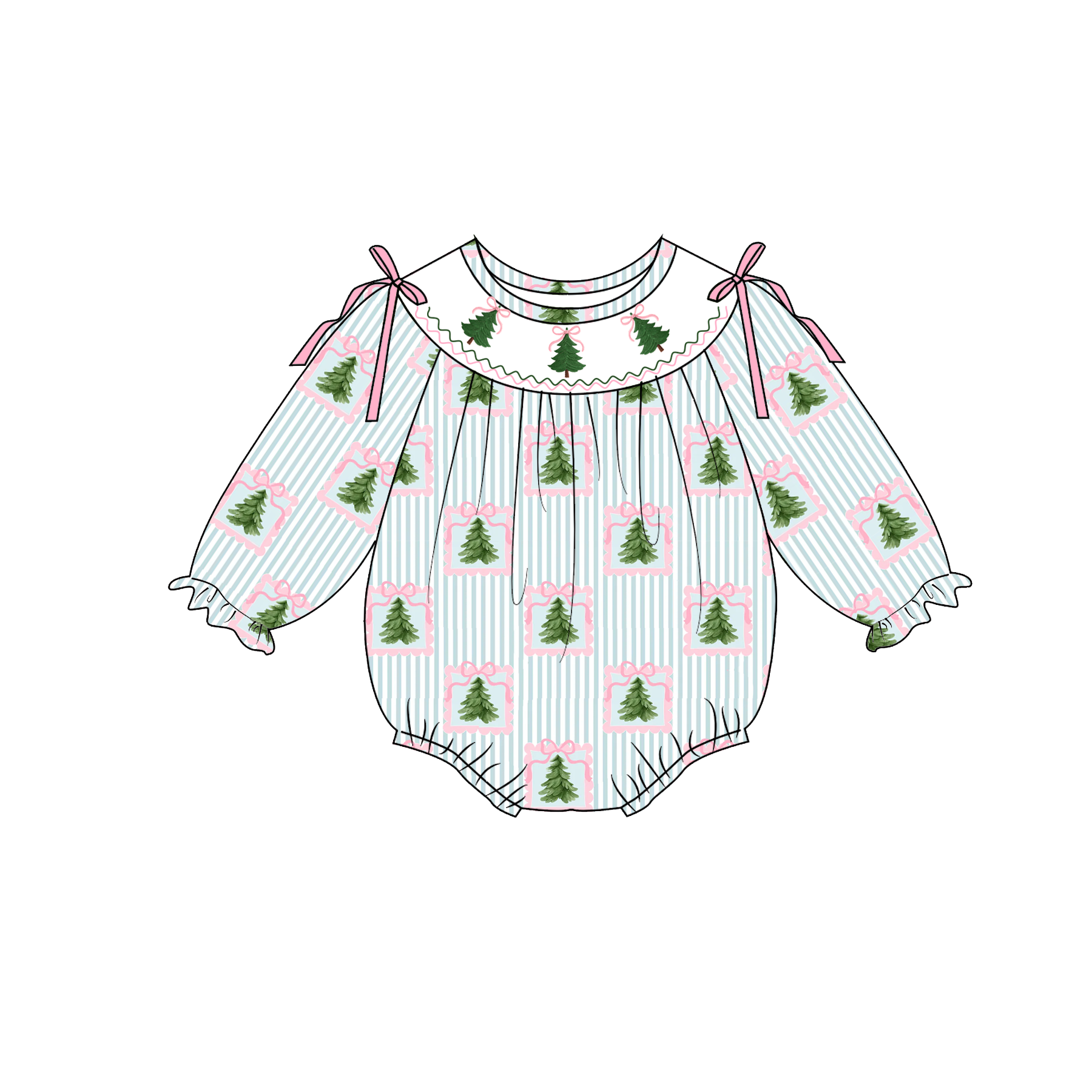（Pre Order）Girls Christmas Tree Embroidery Smocked Dress&Romper-Customized name