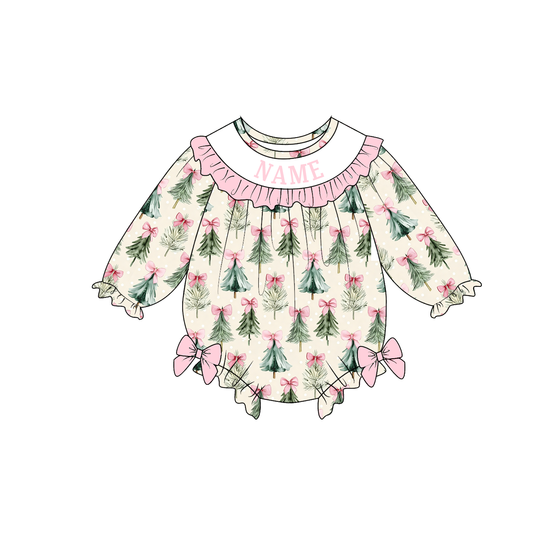 （Pre Order）Girls Christmas Tree Embroidery Smocked Dress&Romper-Customized name