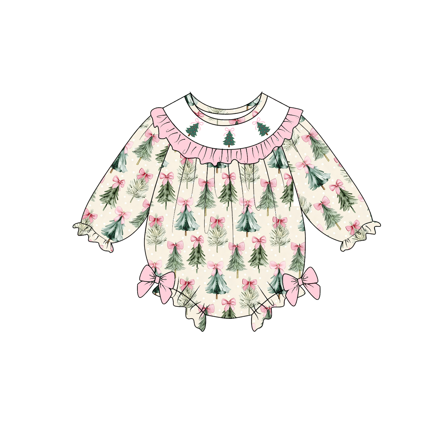 （Pre Order）Girls Christmas Tree Embroidery Smocked Dress&Romper-Customized name