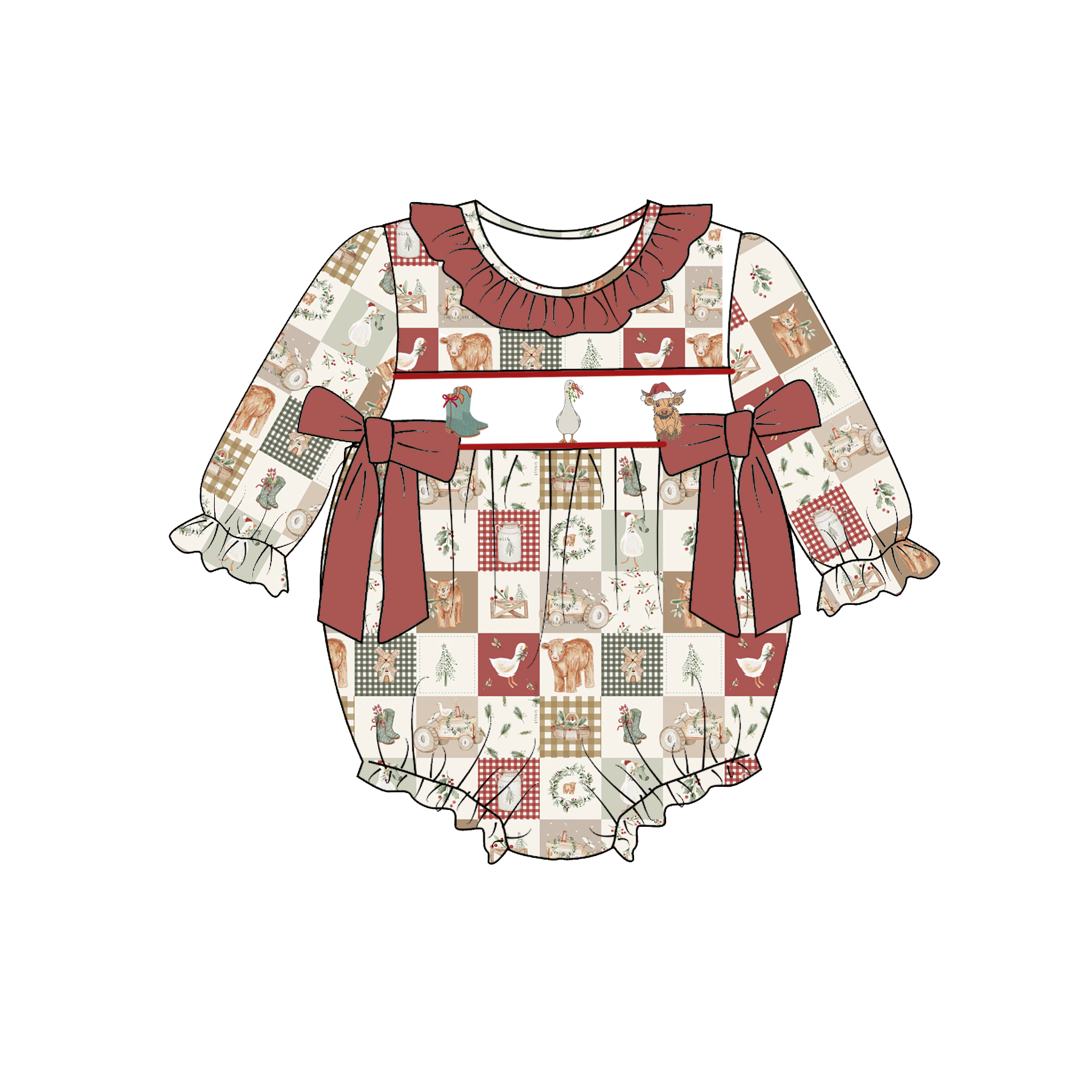 （Pre Order）Girls Christmas Embroidery Smocked Dress&Romper-Customized name