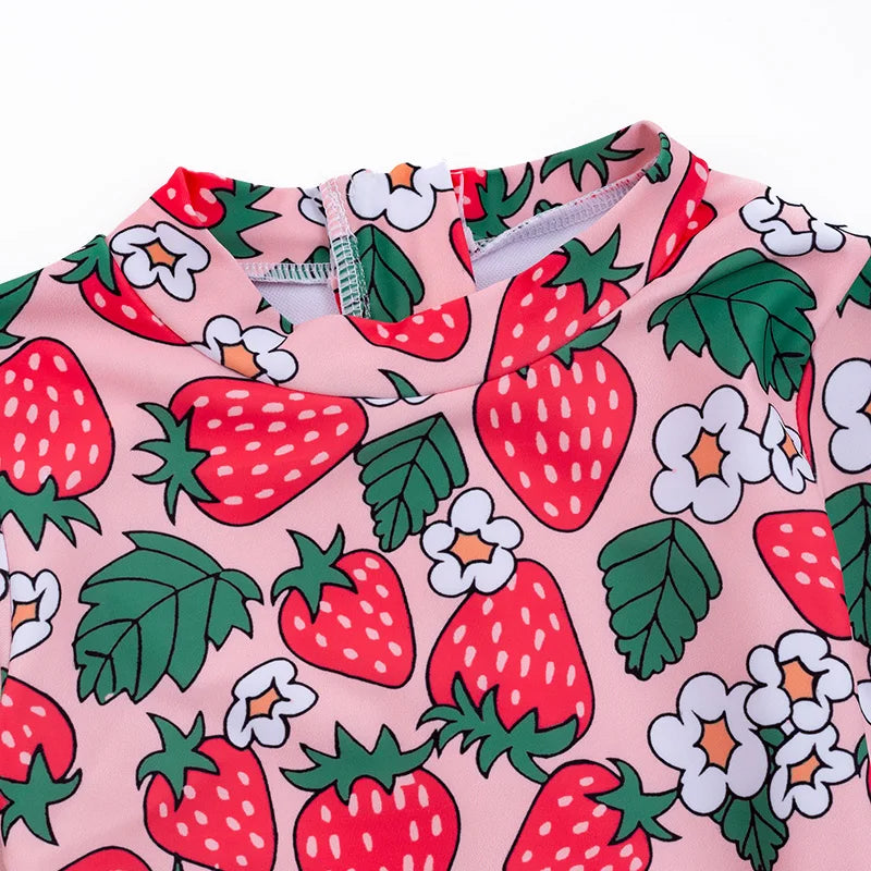 Girls Strawberry Print Long Sleeve One-Piece Swimsuit