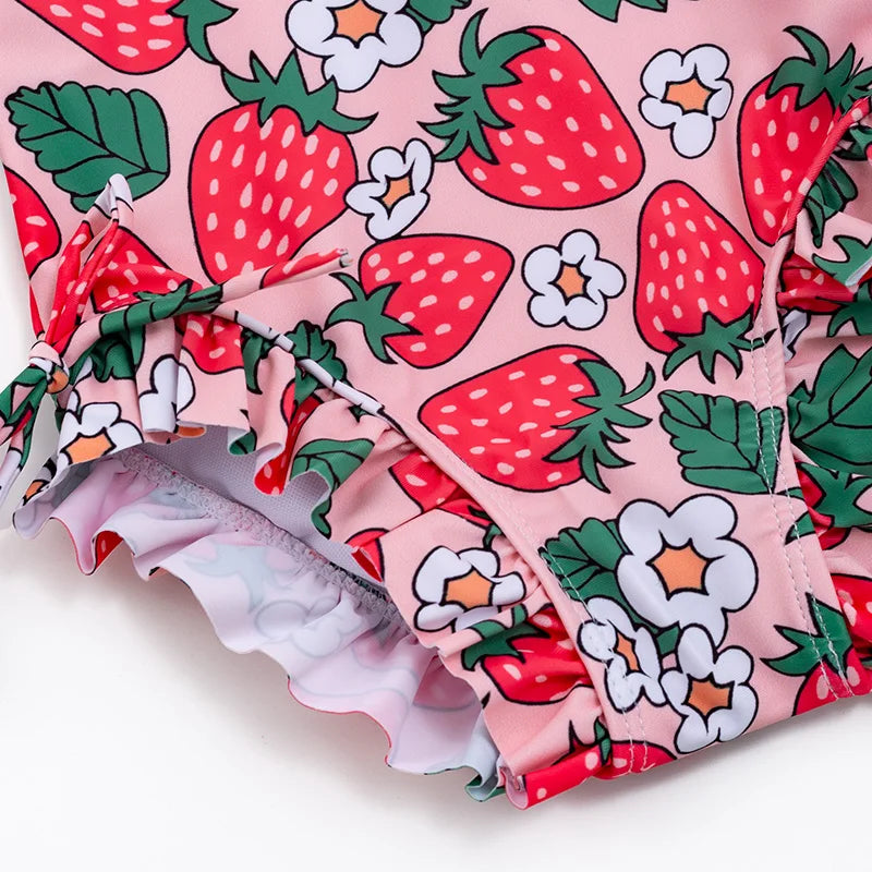 Girls Strawberry Print Long Sleeve One-Piece Swimsuit