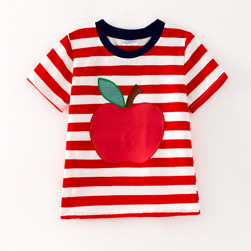 （In Stock）Boys Summer Back To School Apple Applique Cotton Top