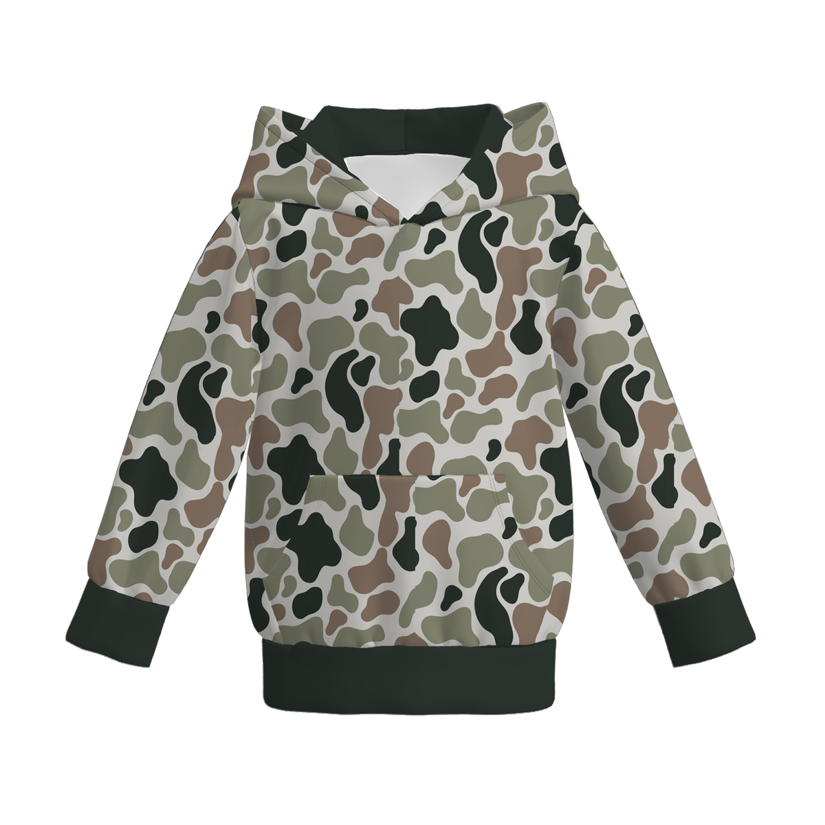 Flat lay of a camo pullover hoodie with a front kangaroo pocket and dark green ribbed cuffs and hem