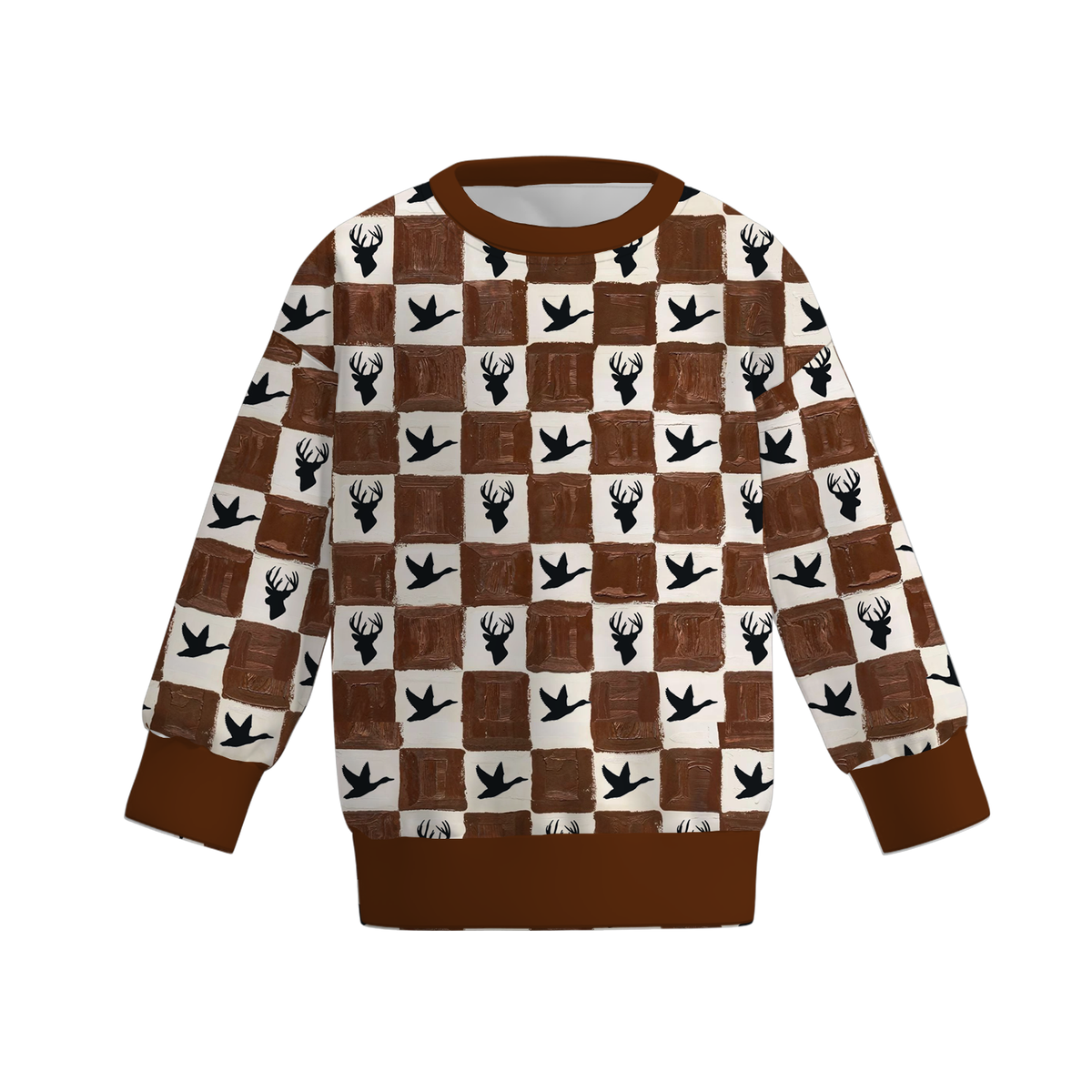 Front view of the long-sleeve boys' sweatshirt in brown and cream check with buck and goose print and ribbed trims