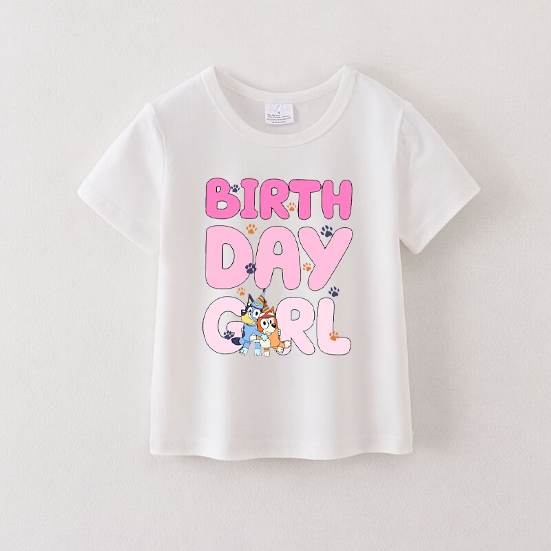 Girls Cotton Birthday Cartoon Print White T-shirt