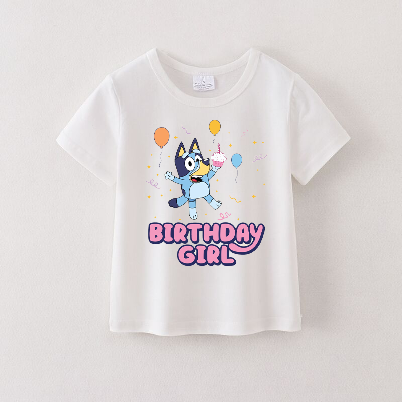 Girls Cotton Birthday Cartoon Print White T-shirt