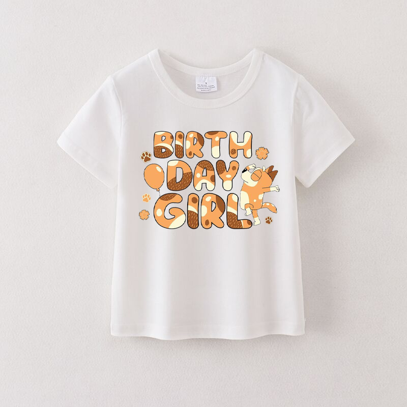 Girls Cotton Birthday Cartoon Print White T-shirt