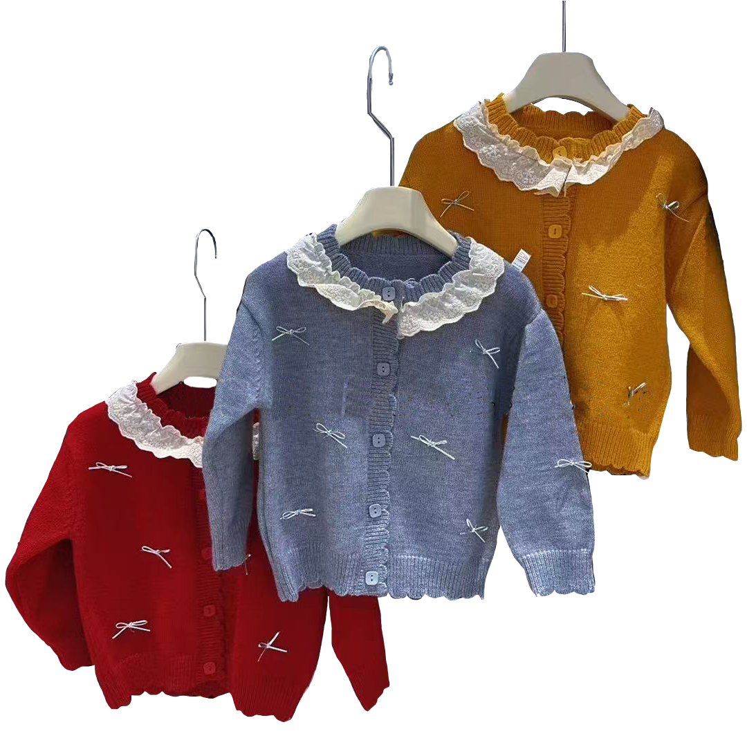 （Prepack Zone）Girls Fall&Winter Bow Dolls Collar Sweater Cardigan