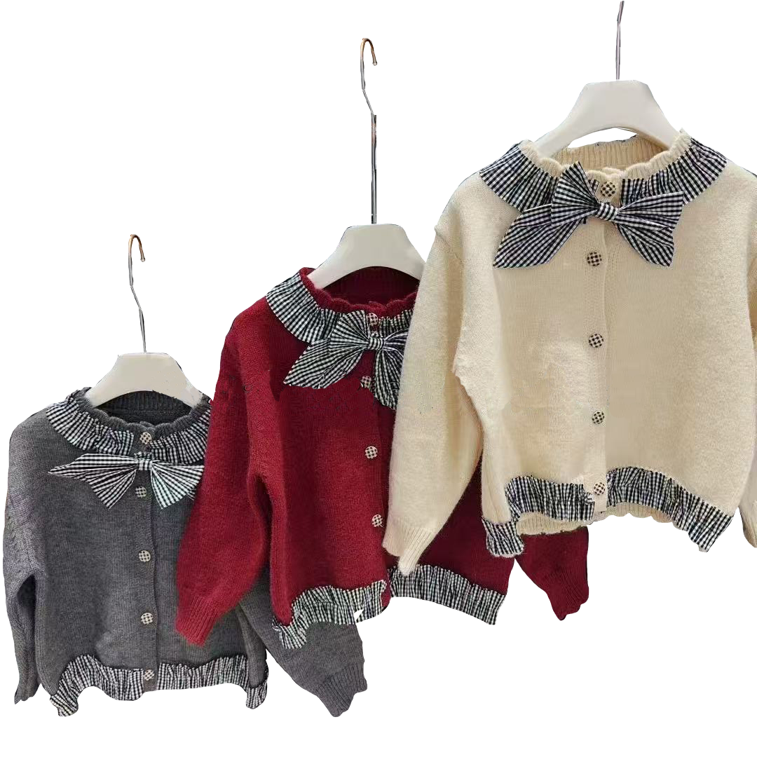 （Prepack Zone）Girls Fall&Winter Plaid Bow Sweater Cardigan