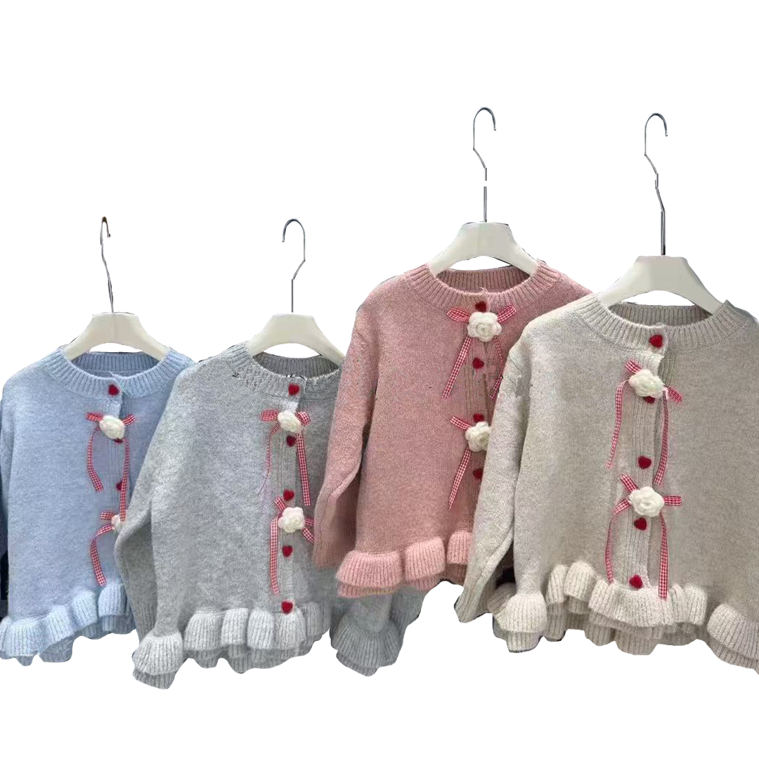 （Prepack Zone）Girls Fall&Winter Flower Ruffle Sweater Cardigan