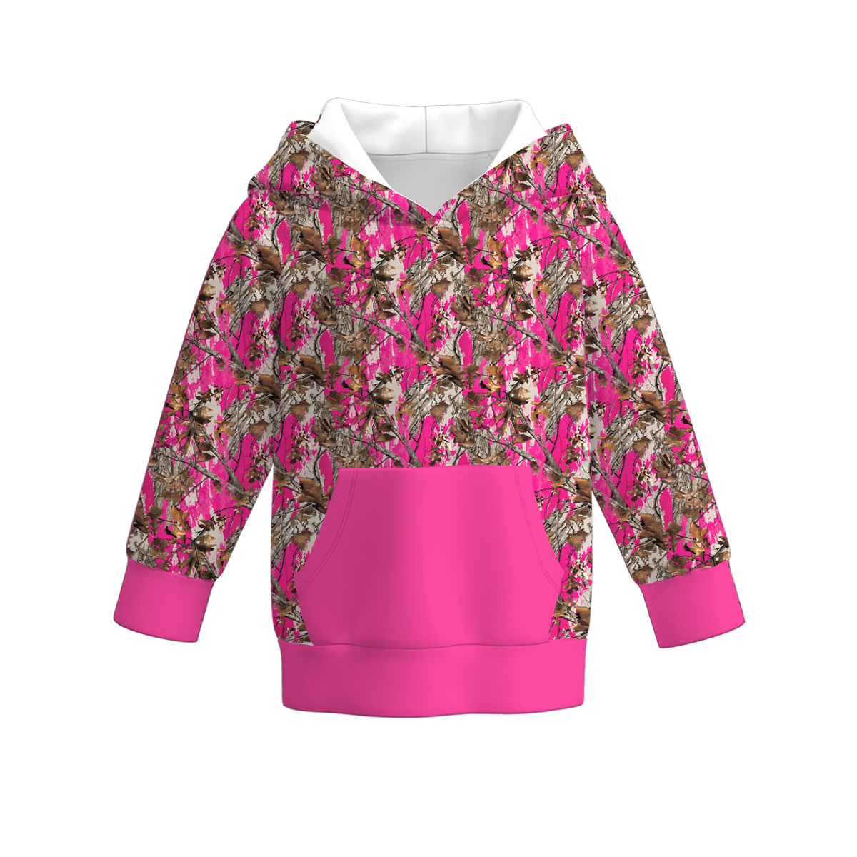 Pink camo pullover hoodie with white hood lining, pink kangaroo pocket, and ribbed pink cuffs and hem.