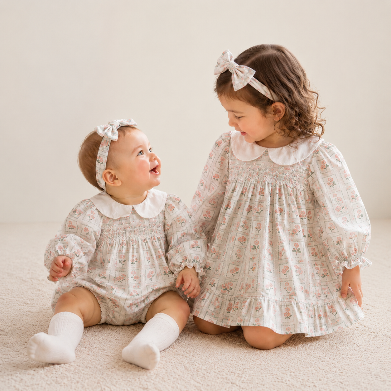 （In Production）Sisters Baby Collar Floral Print Dress&Romper