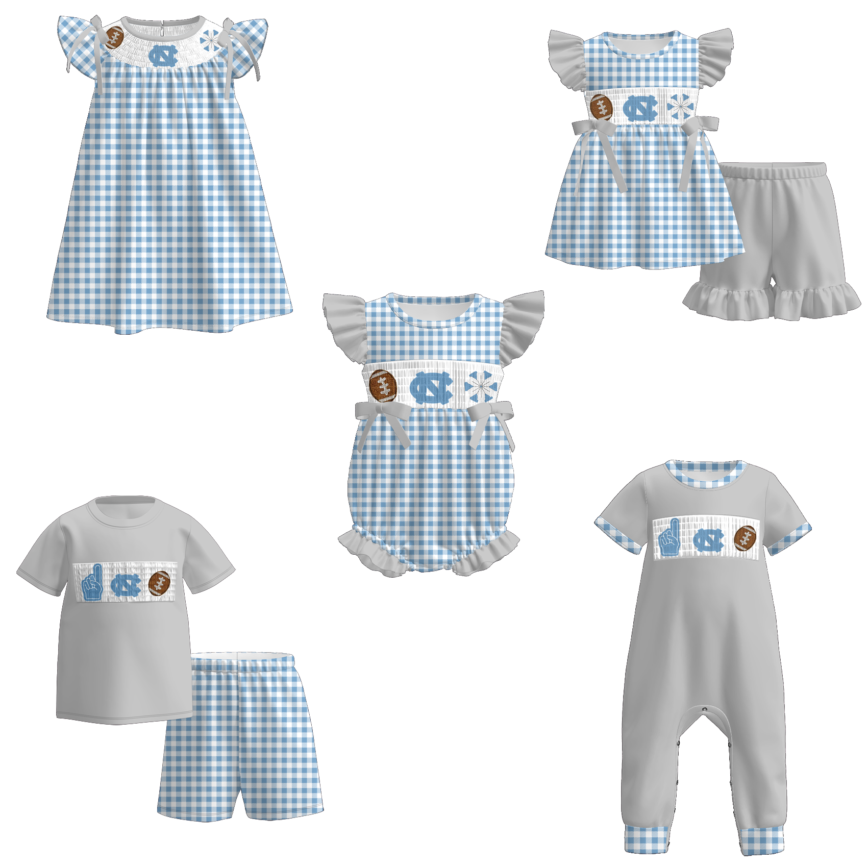（Pre Order）Family Football UNC Embroidery Smocked Dress,Set&Romper