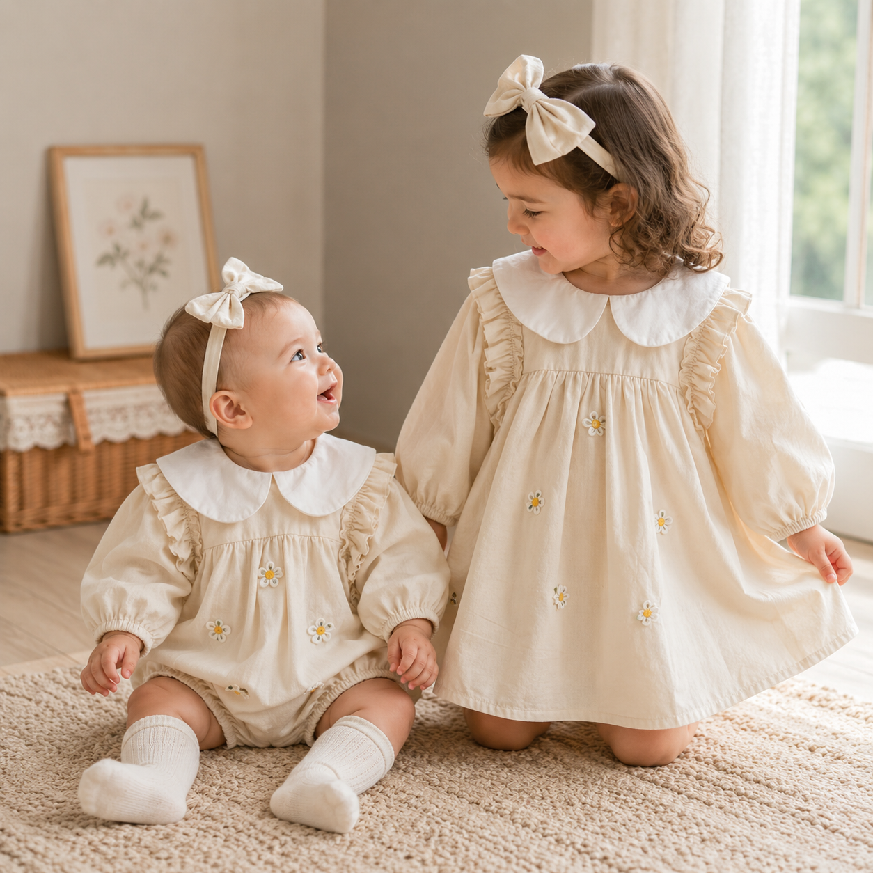 （In Production）Sisters Baby Collar Floral Ruffle Dress&Romper
