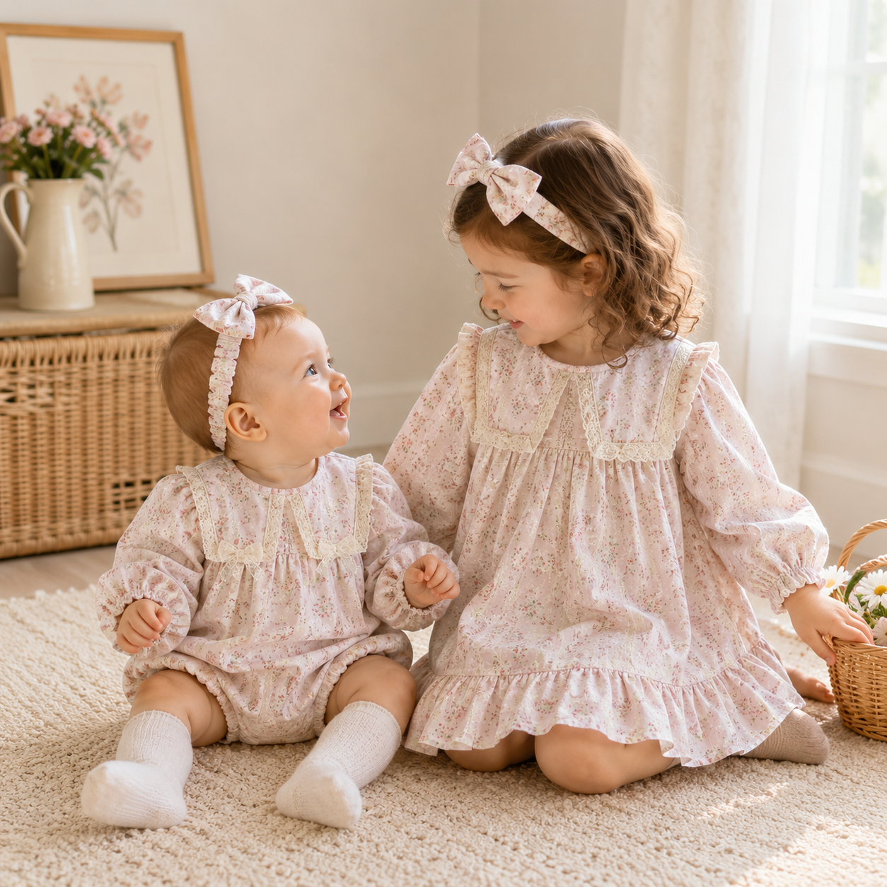 （In Production）Sisters Fall Floral Print Lace Bow Ruffle Dress&Romper