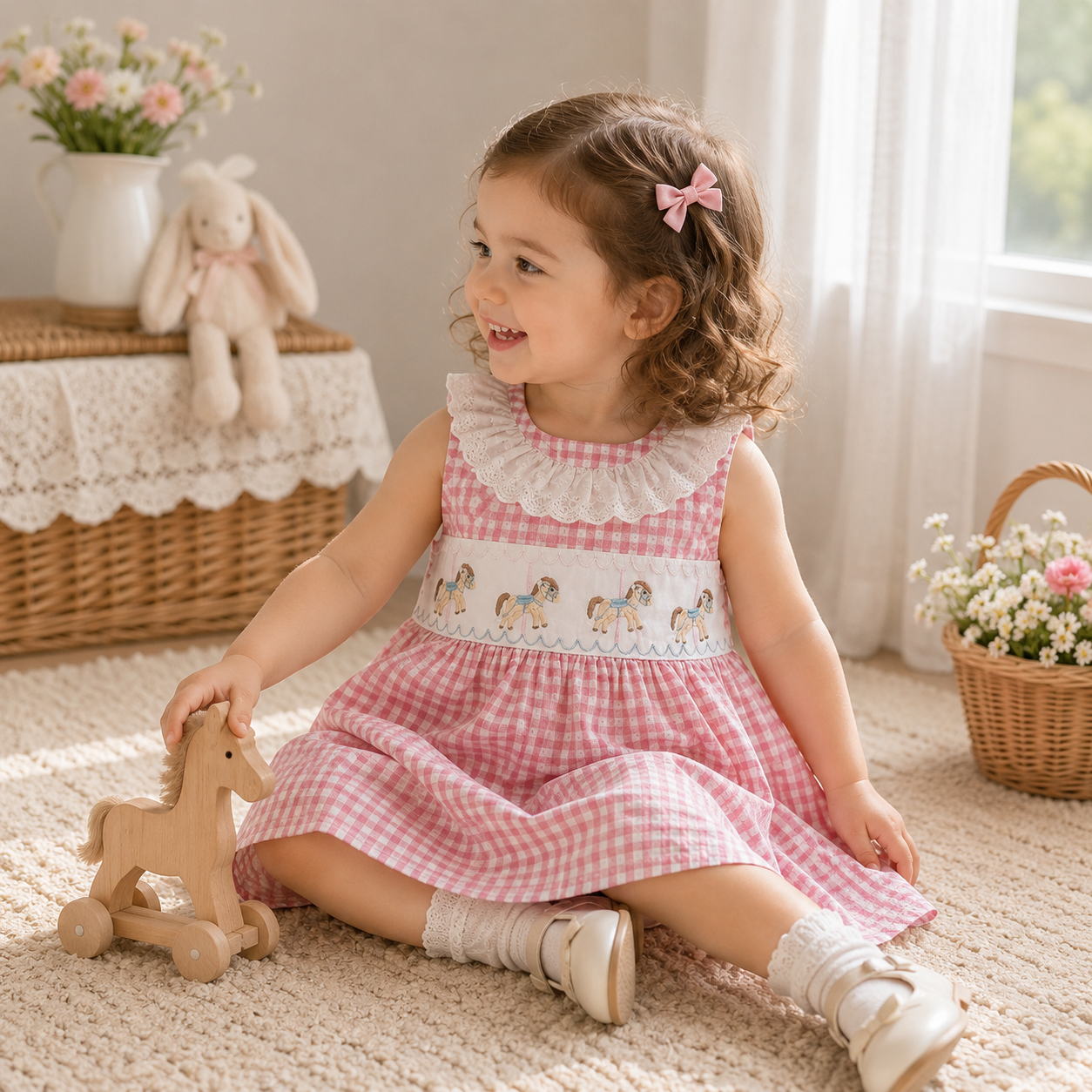 （In Production）Girls Summer Horse Embroidery Lace Dress