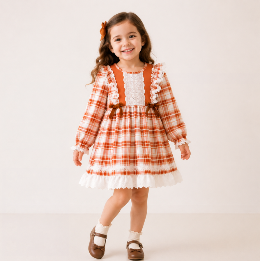 （In Stock）Girls Fall Plaid Lace Ruffle Dress