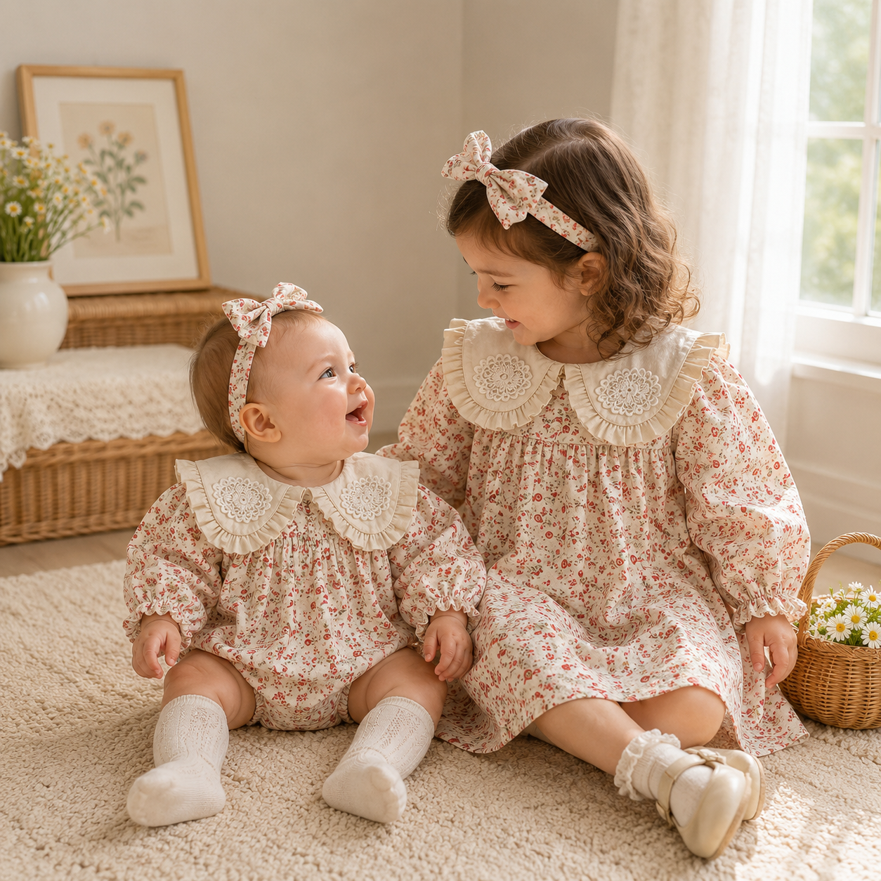（In Production）Sisters Fall Floral Print Ruffle Dress&Romper