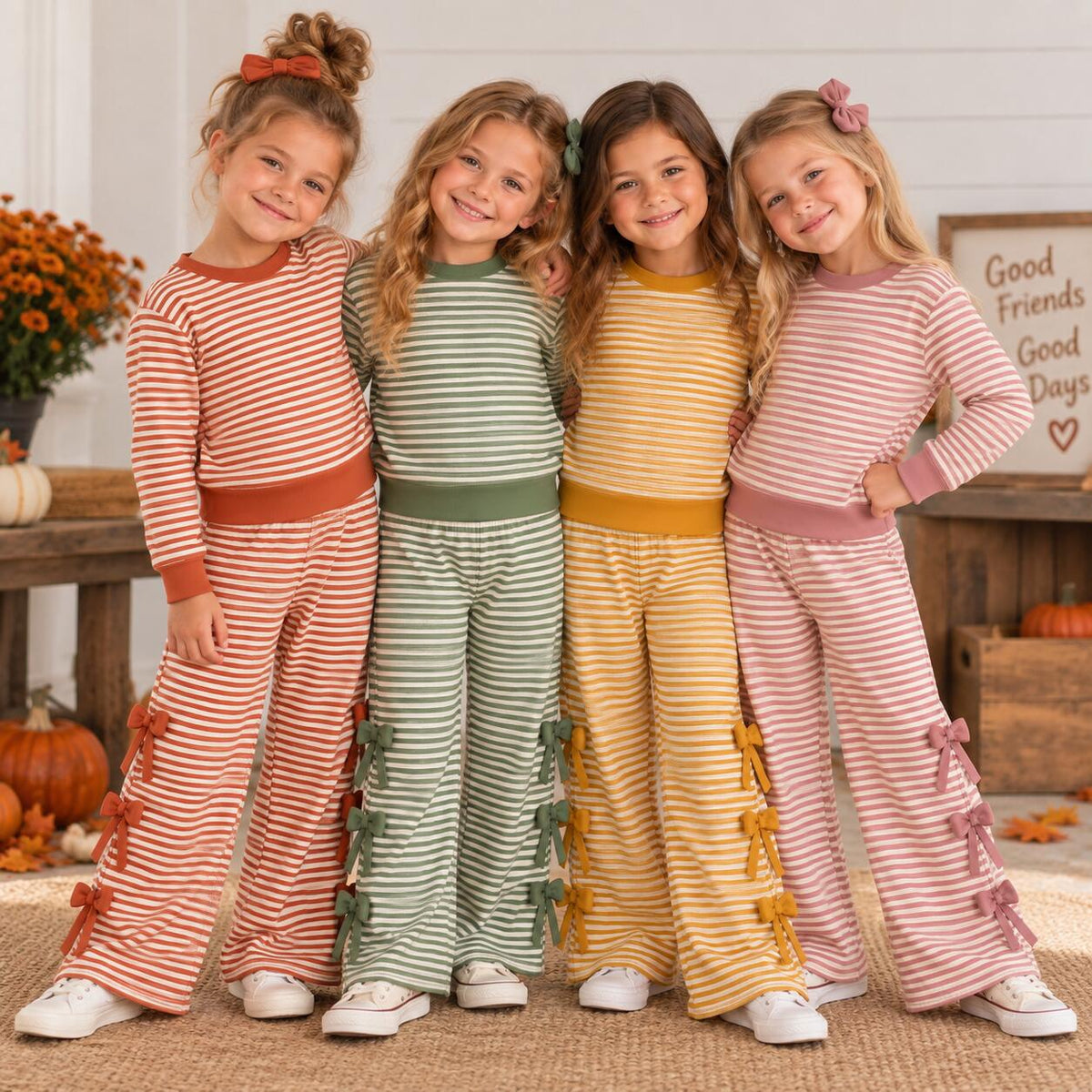 （Weekly Pre-Order）Girls Stripe Print Bow Outfit Set（Ends 10.7）