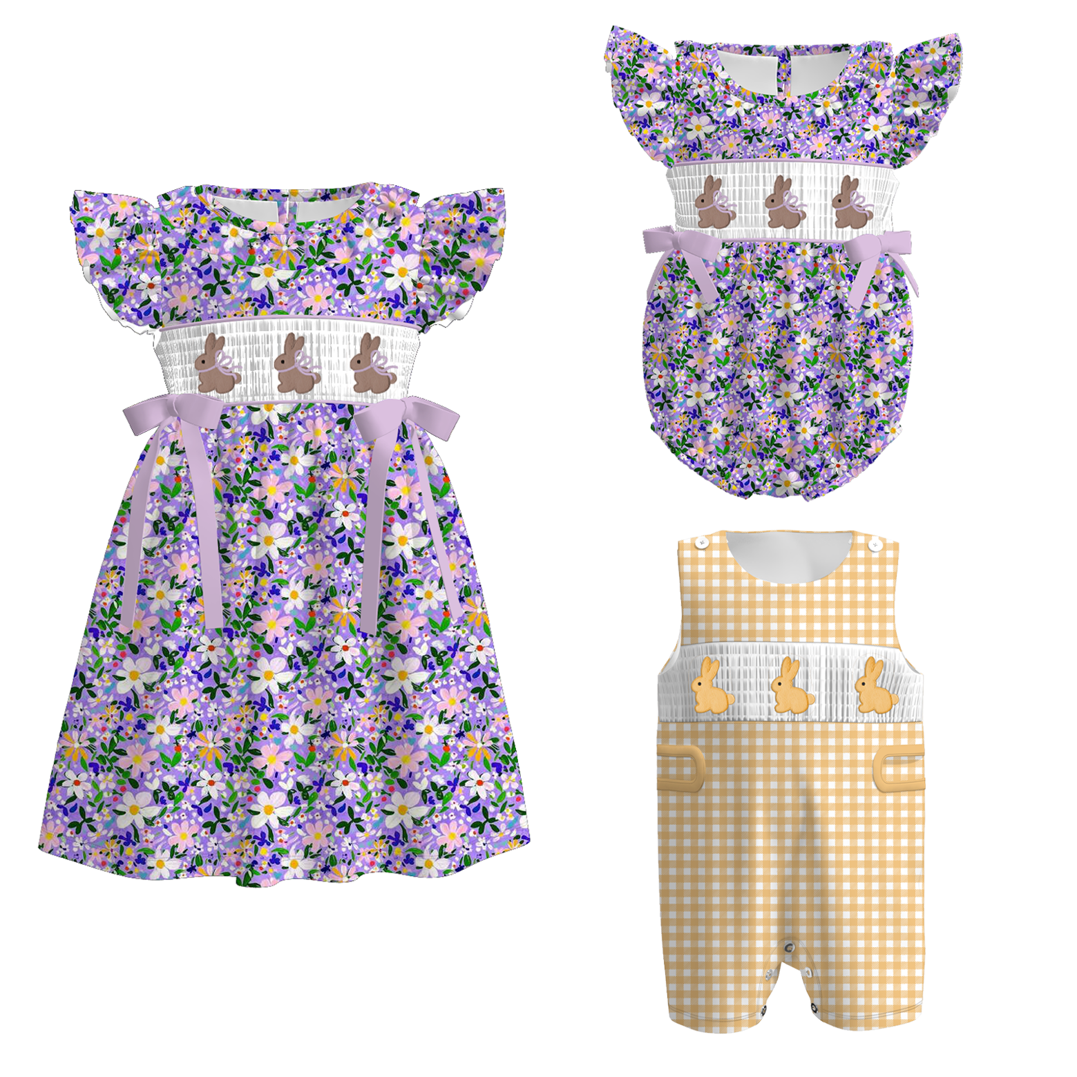 （Pre Order）Sisters Easter Bunny Embroidery Smocked Dress&Romper