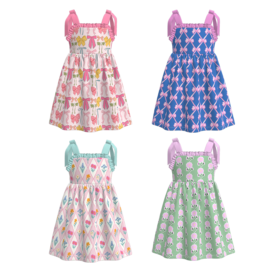 （Pre Order）Girls Spring and Summer Bow＆Floral Print Slip Dress