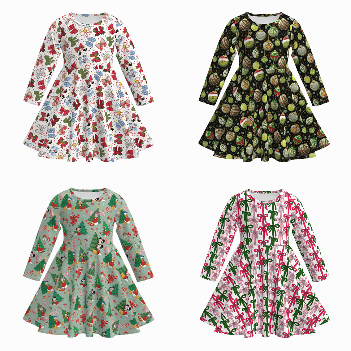 （Pre Order）Girls Christmas Cartoon Print Long Sleeves Dress