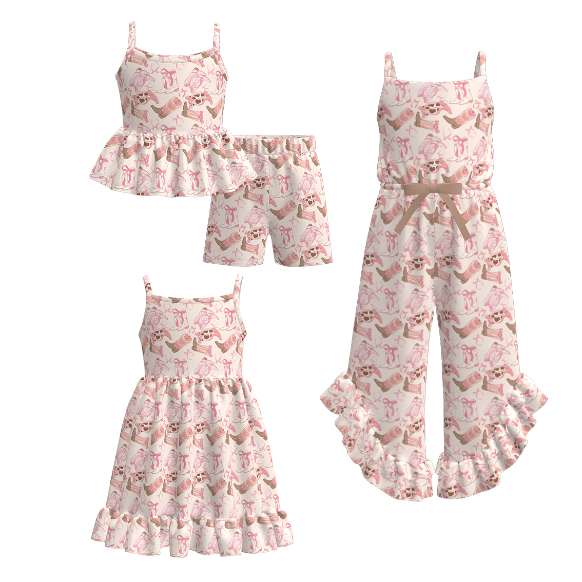 （Pre Order）Girls Spring&Summer Western Boots Print Dress,Set&Jumpsuit