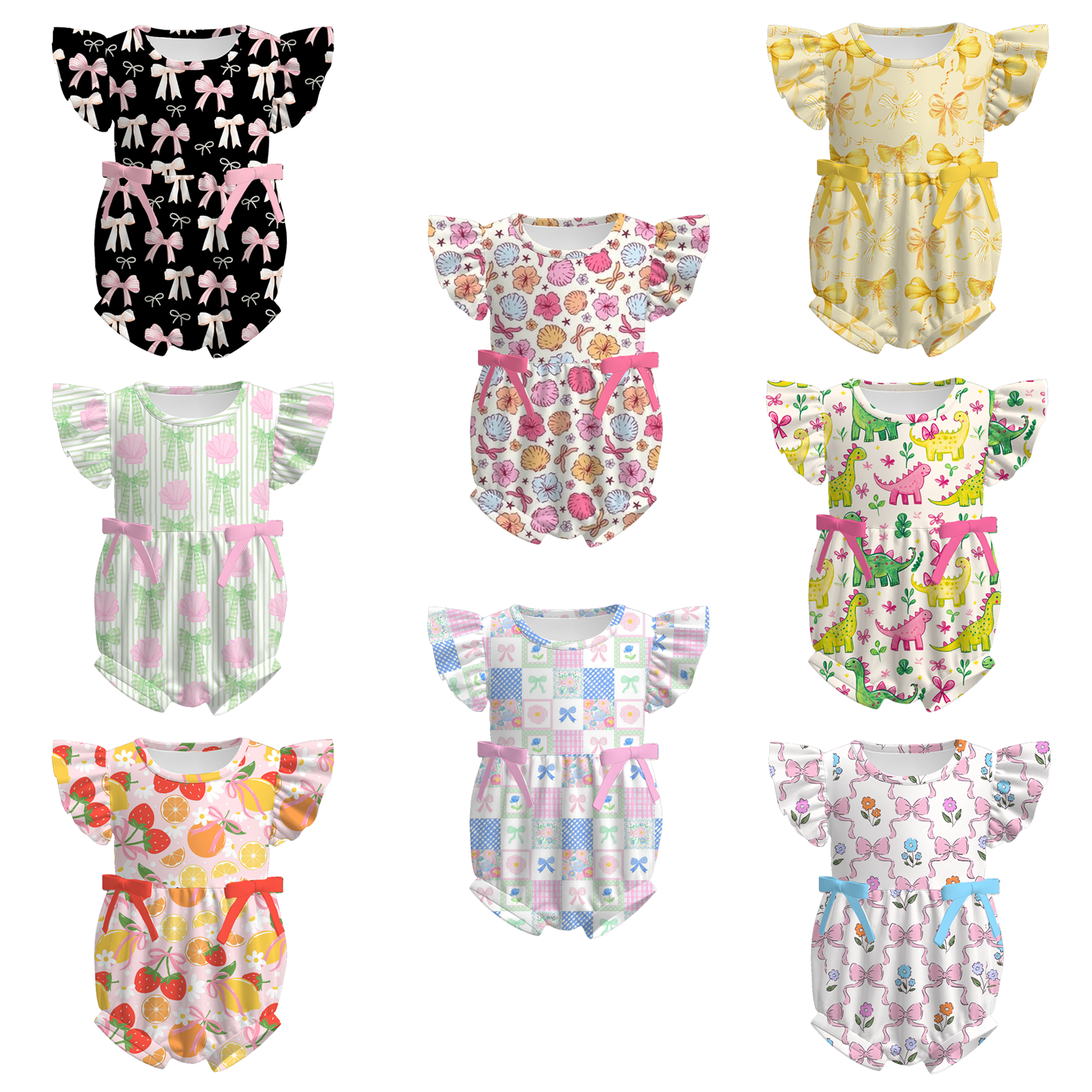 （Pre Order）Toddler Girls Spring and Summer Bow＆Dino Print Romper