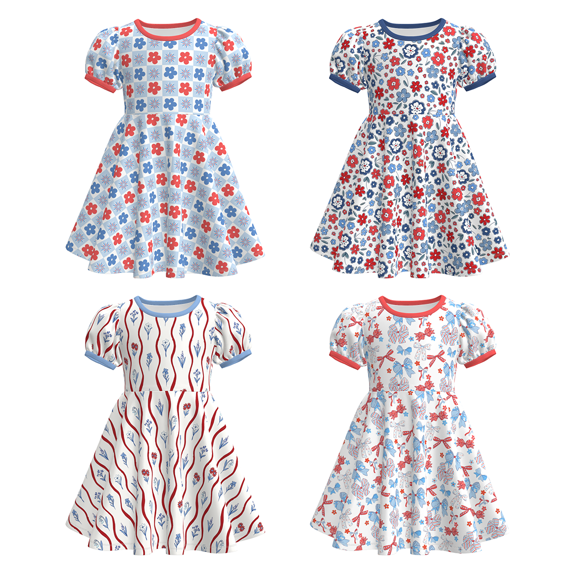 （Pre Order）Girls Patriotic Print Puff Sleeves Dress