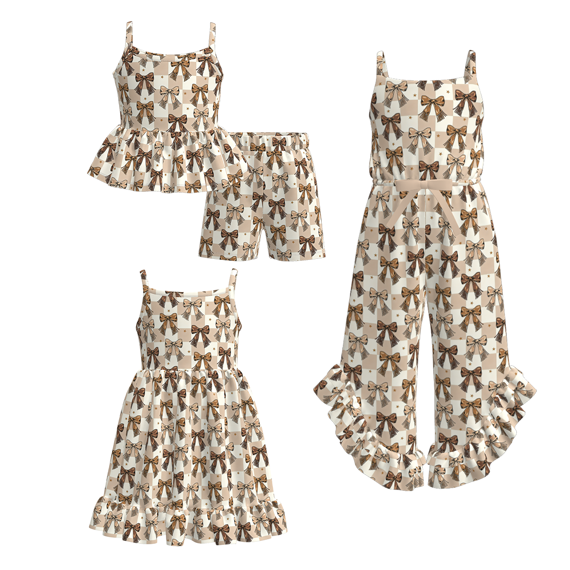 （Pre Order）Girls Spring&Summer Western Bow Print Dress,Set&Jumpsuit