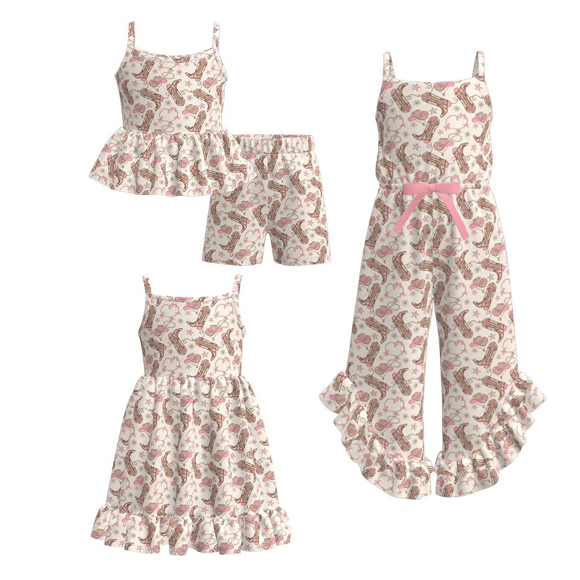 （Pre Order）Girls Spring&Summer Western Boots Print Dress,Set&Jumpsuit
