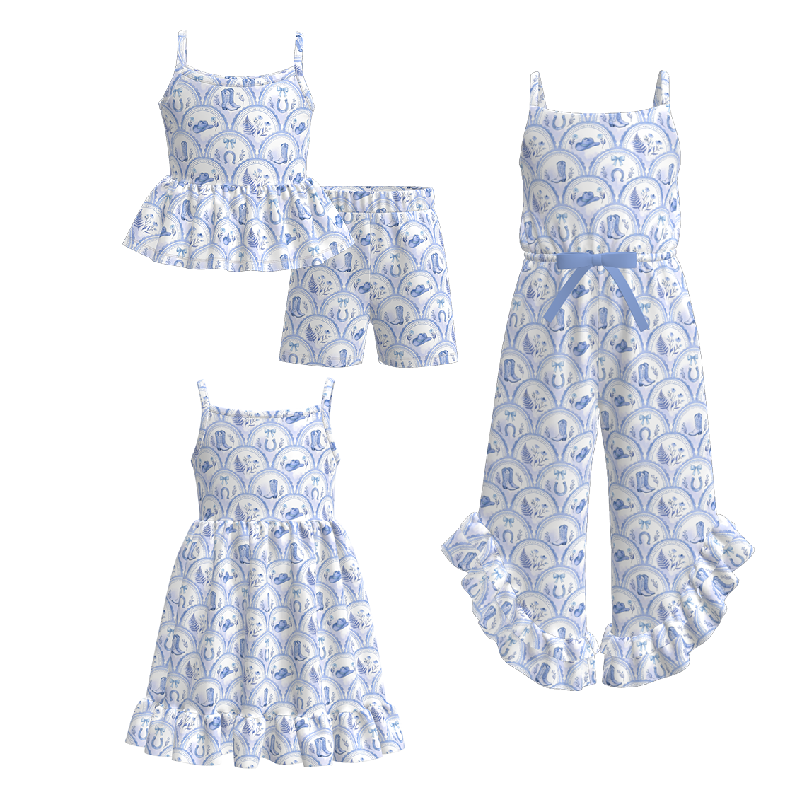 （Pre Order）Girls Spring&Summer Western Boots Print Dress,Set&Jumpsuit