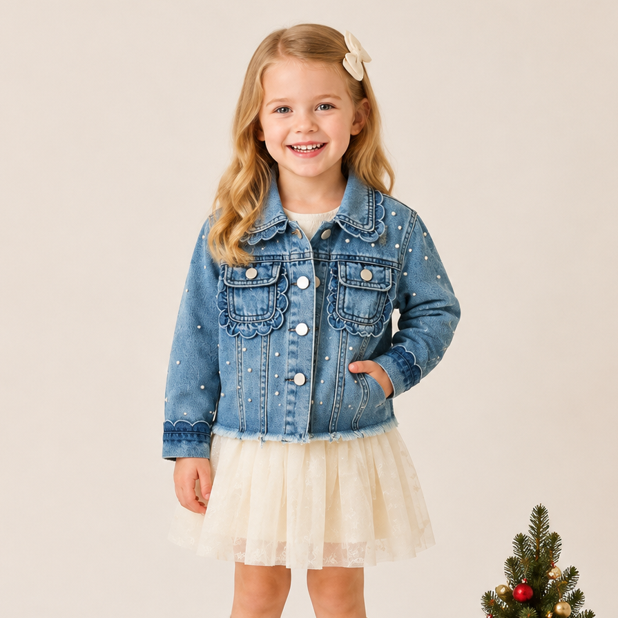 （In Stock）Girls Fall Pearl Scallop Denim Jacket