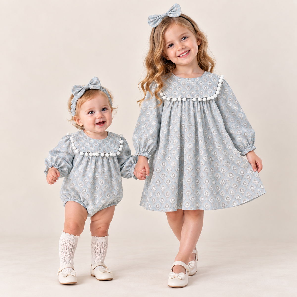 （Pre Order 2 Weeks）Sisters Fall Vintage Blue Print Pom Pom Collar Dress&Romper