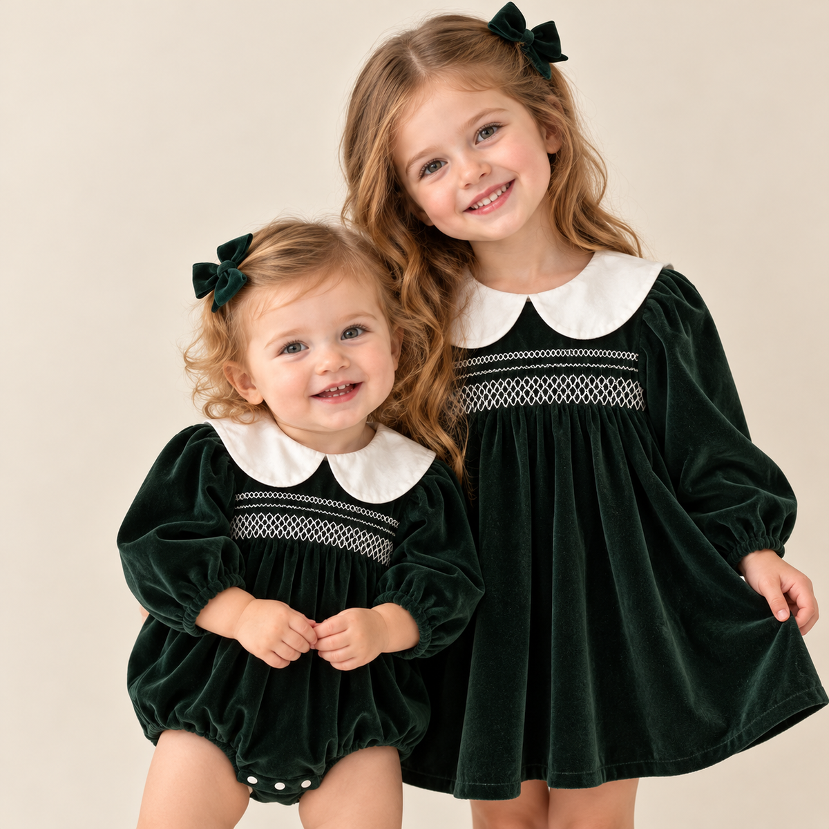 （Pre Order 2 Weeks）Sisters Fall Smocked Green Velvet Dress&Romper