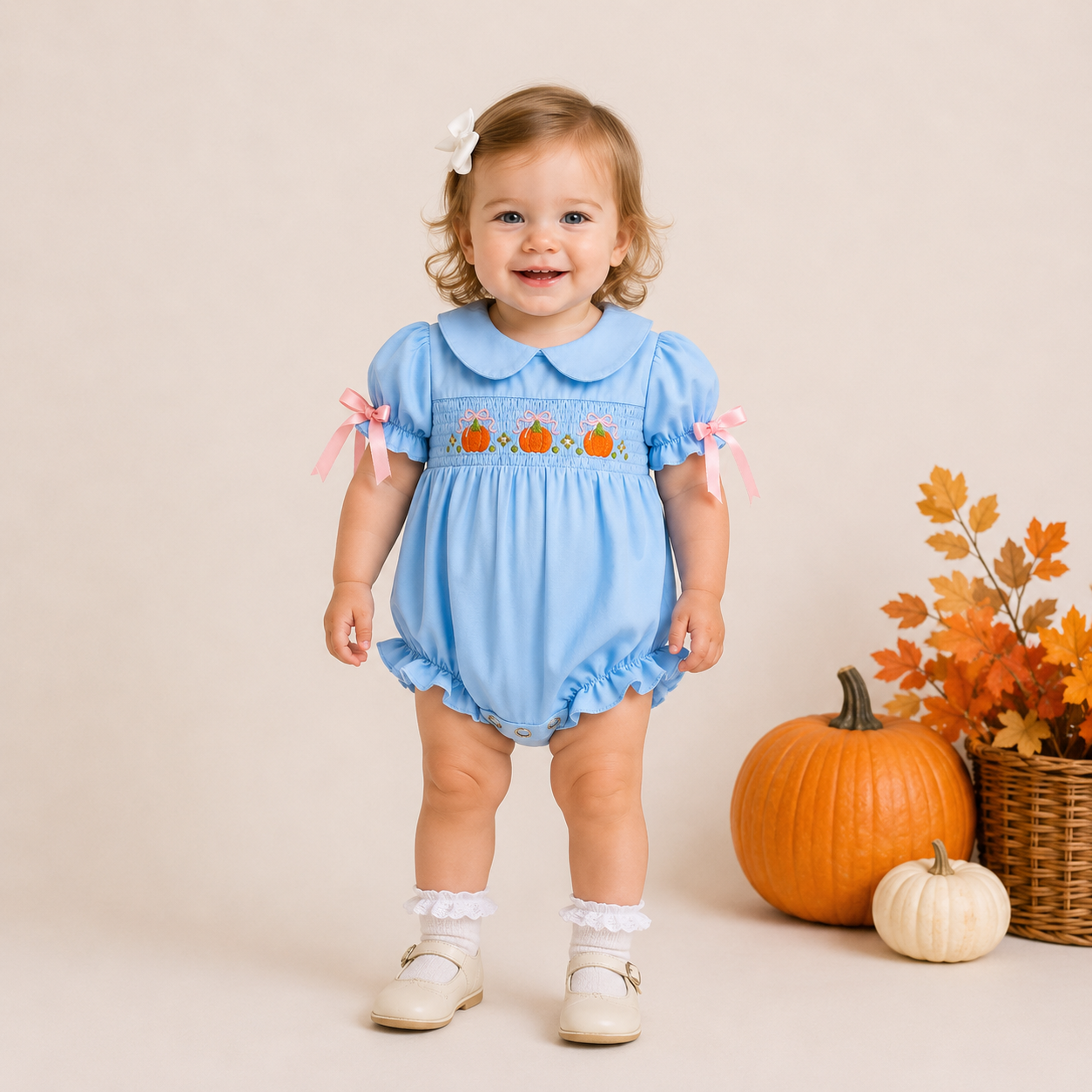 （In Stock）Toddler Girls Pumpkin Embroidery Smocked Cotton Romper