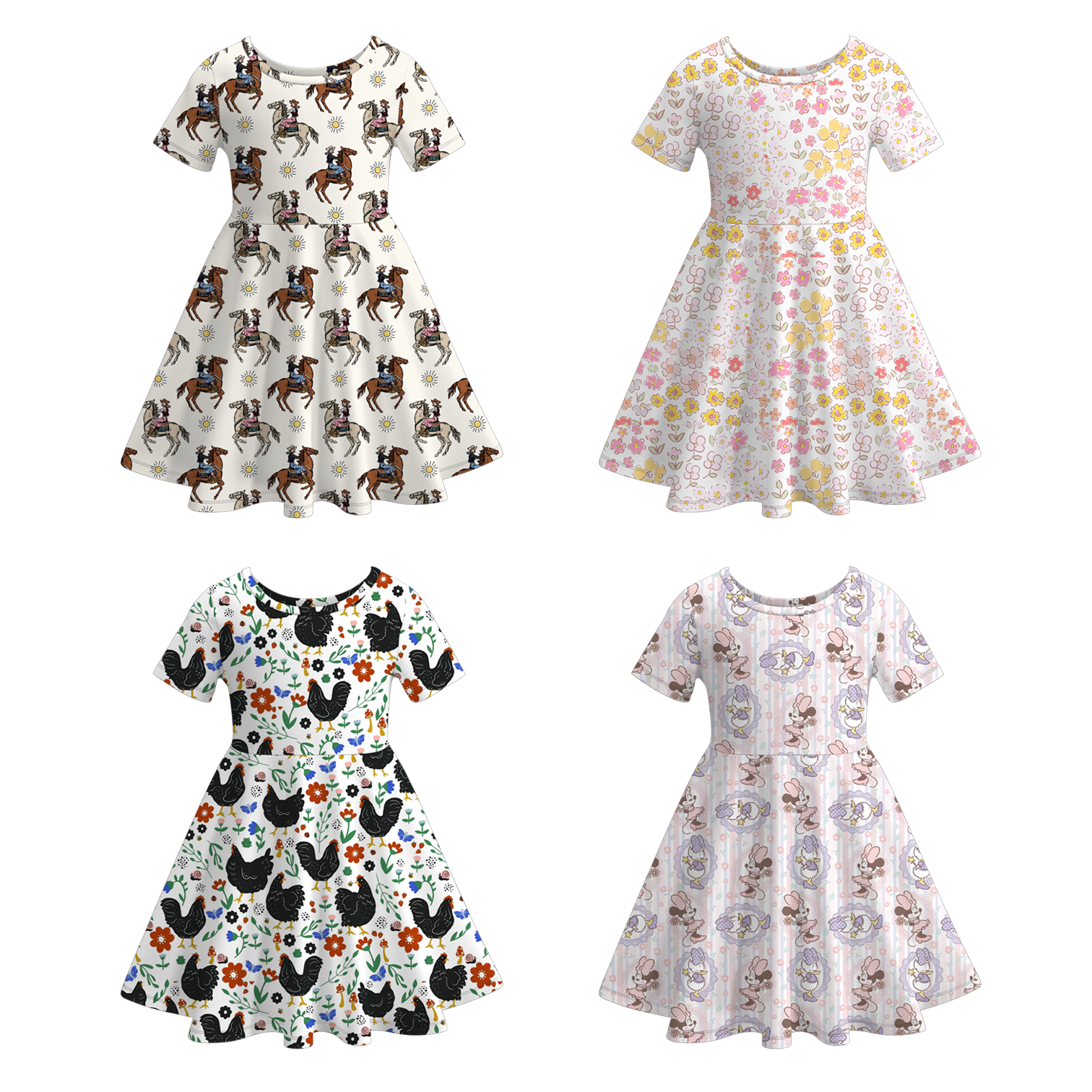 （Pre Order）Girls Spring and Summer Horse＆Chick Print Dress