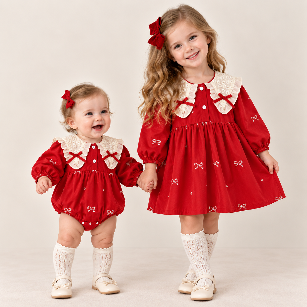 （Pre Order 2 Weeks）Sisters Christmas Bow Embroidery Dress&Romper