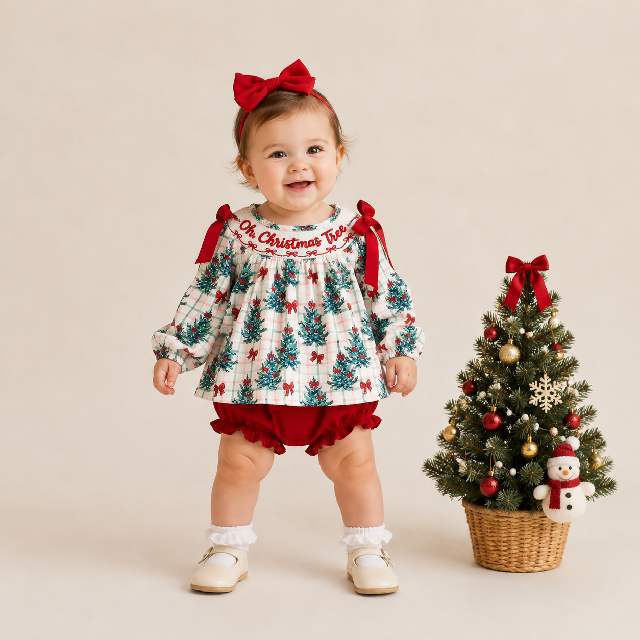 （In Stock）Toddler Girls Christmas Tree Embroidery Smocked Bloomer Set