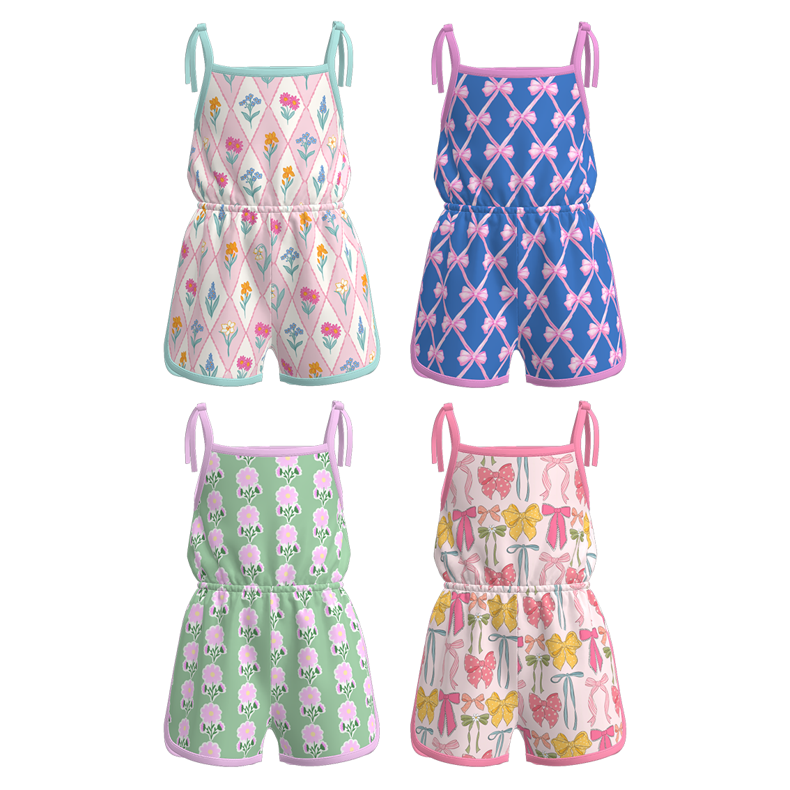 （Pre Order）Girls Spring and Summer Bow＆Floral Print Jumpsuit
