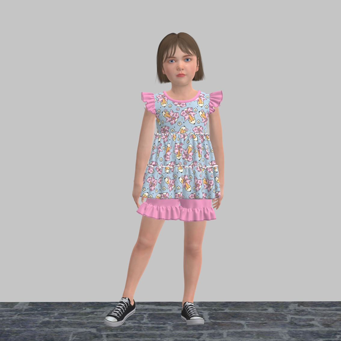 （Pre Order）Girls Summer Back To School Print Shorts Set