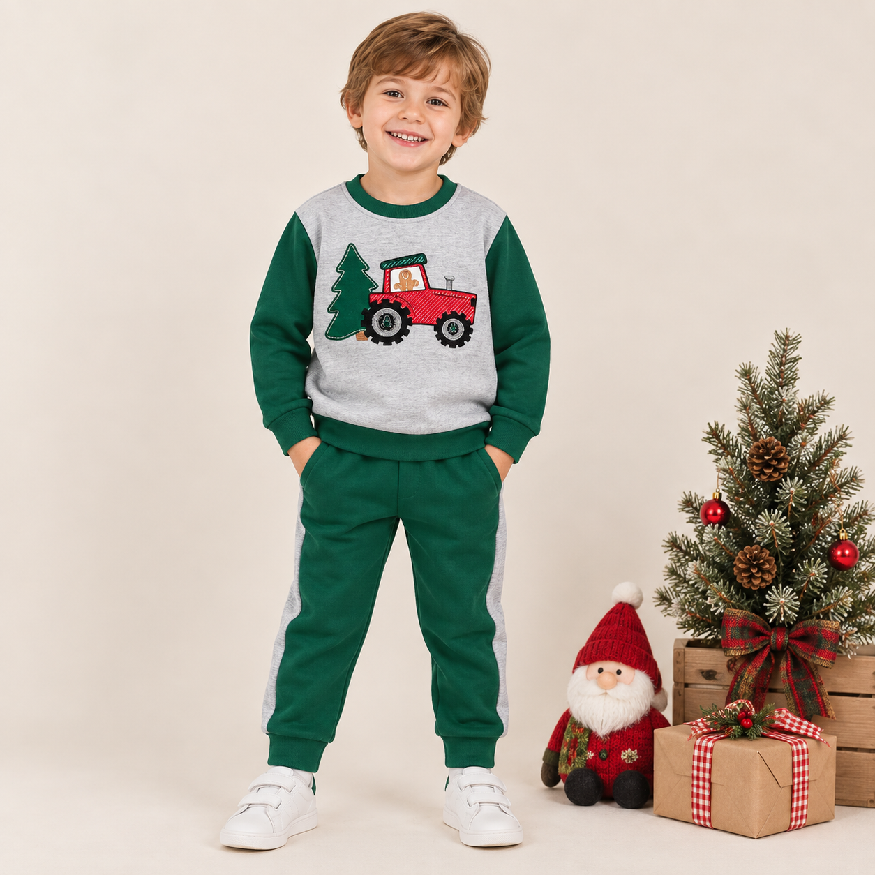 （In Stock）Boys Christmas Applique Cotton Outfit Set