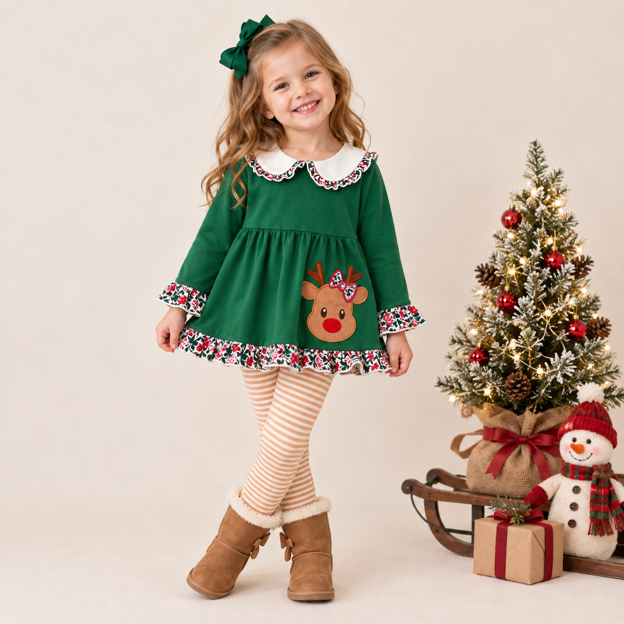 （In Stock）Girls Christmas Elk Applique Outfit Set