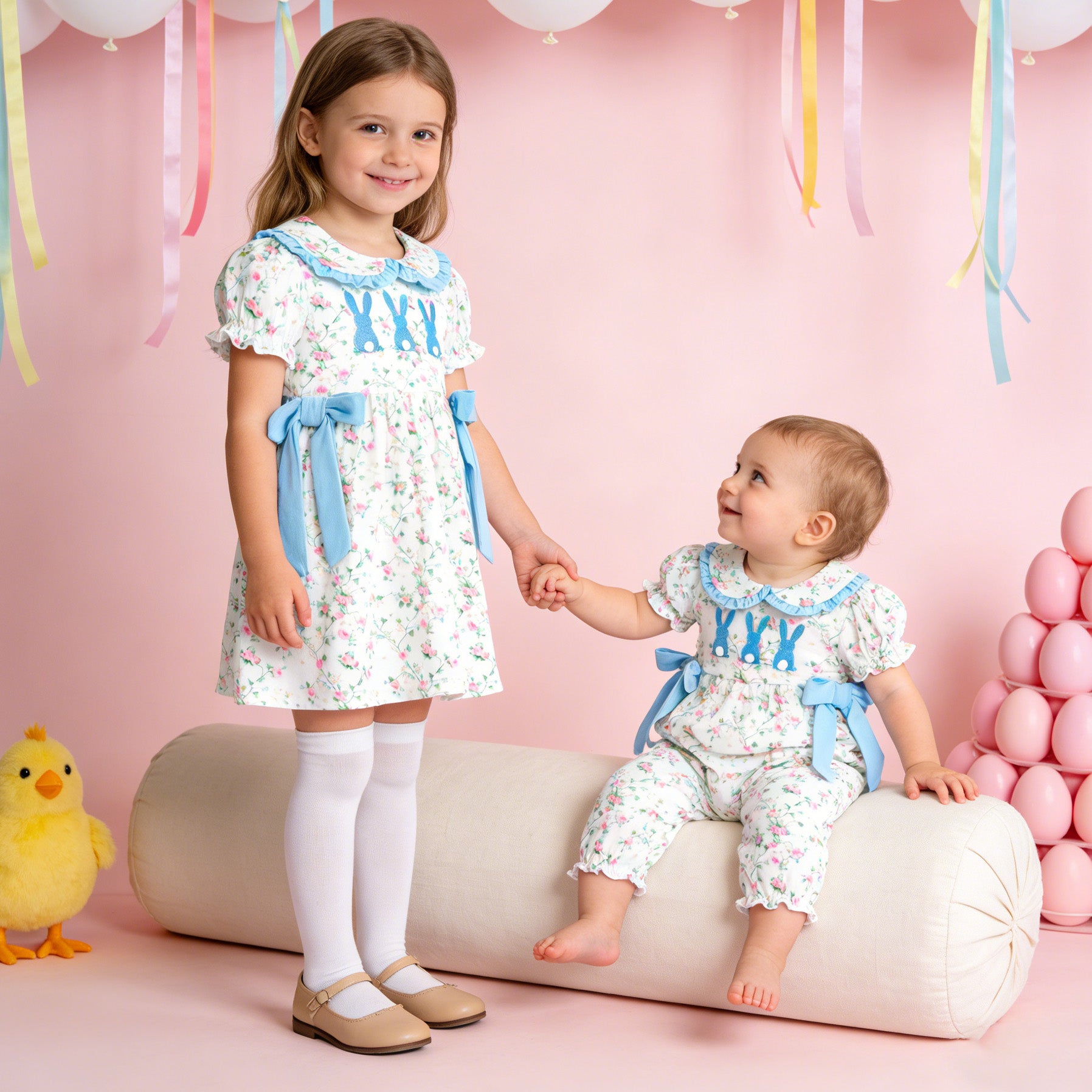 （In Stock）Siblings Easter Bunny Applique Dress,Top&Romper
