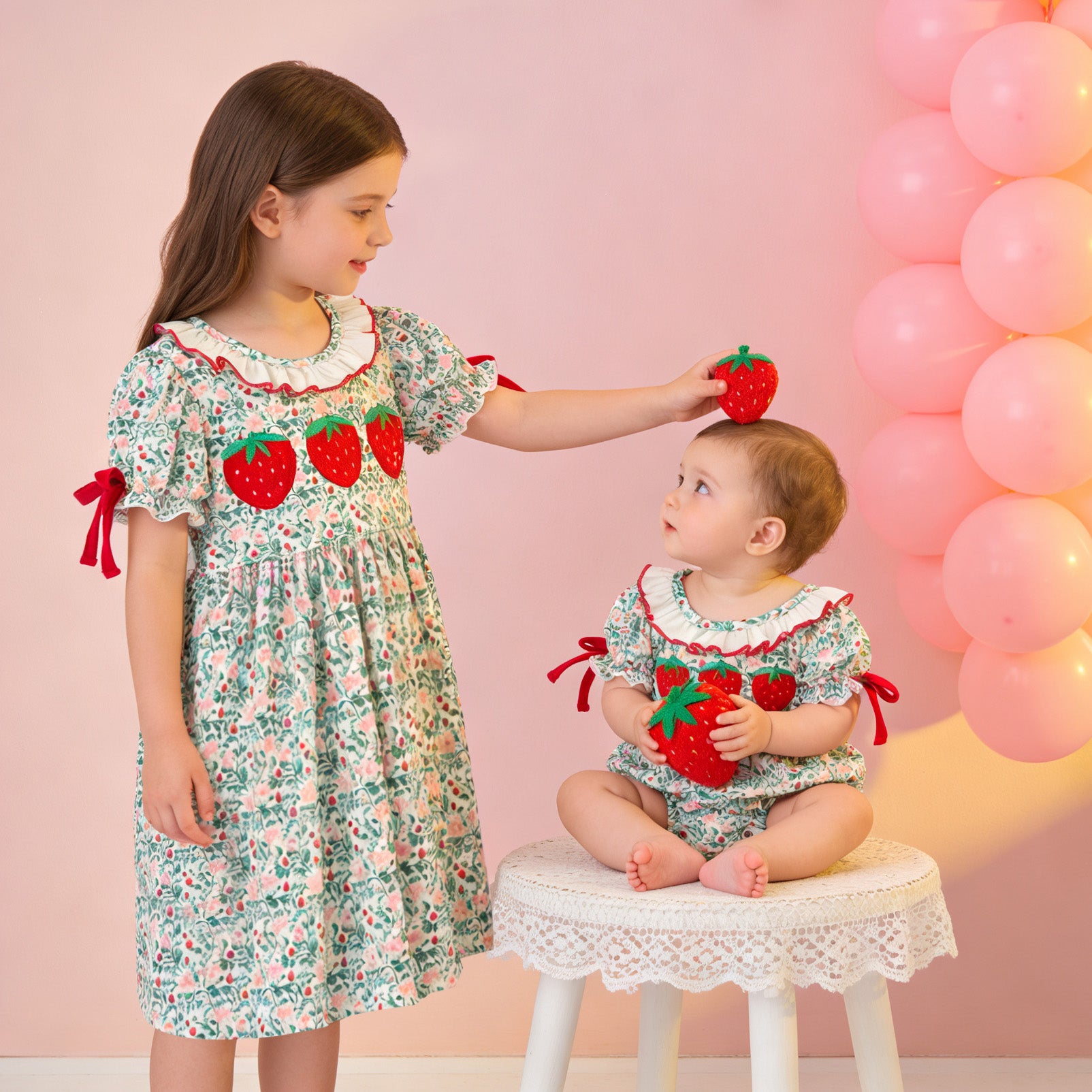 （In Stock）Sisters Spring&Summer Strawberry Chenille Patches Dress&Romper