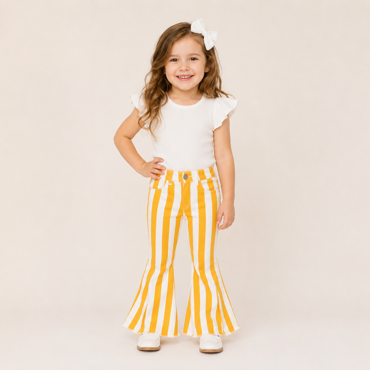 (In Stock)Girls Mustard White Stripe Jeans Flare Pants