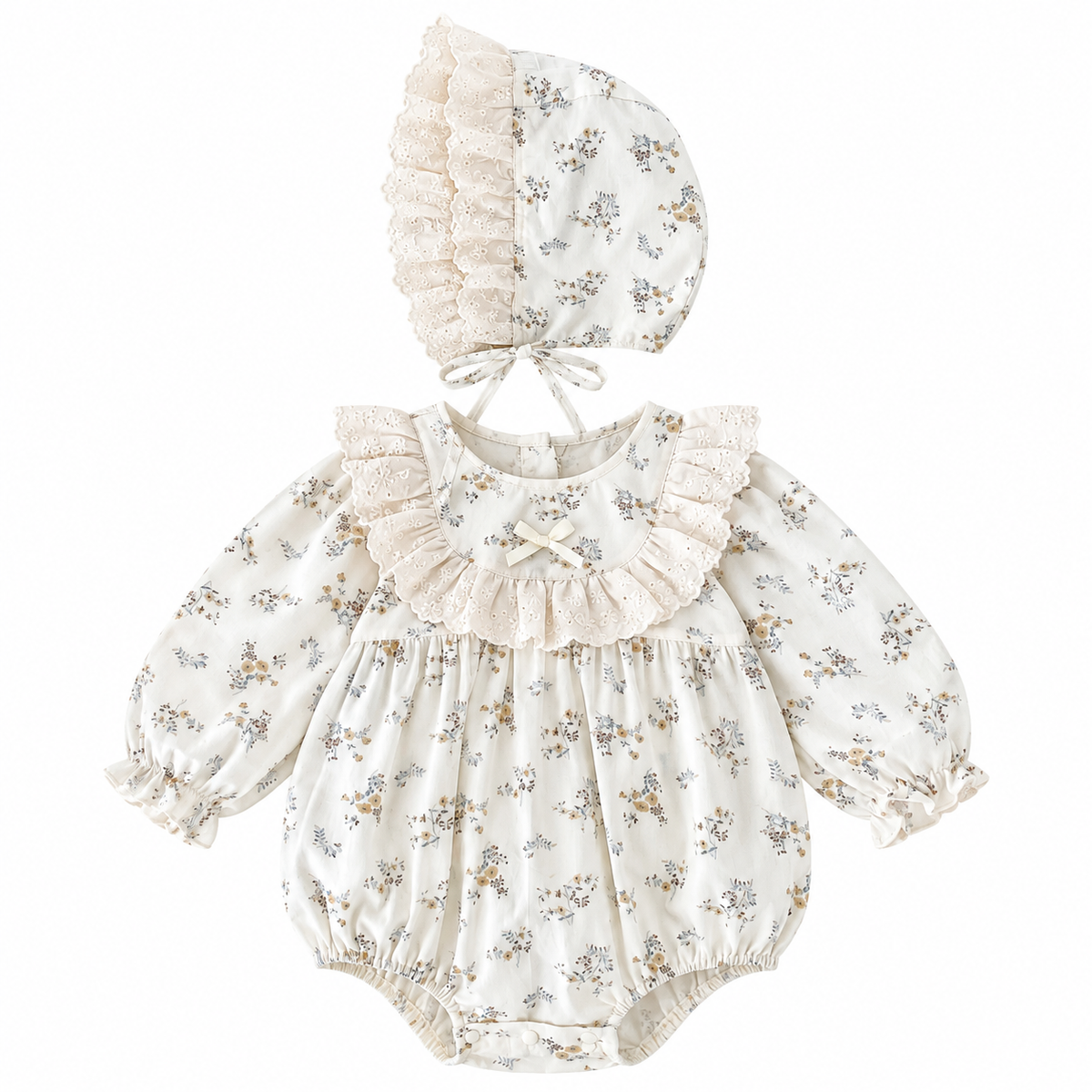 （Pre Order 2 Weeks）Toddler Girls Fall Floral Print Lace Ruffle Romper with Hat
