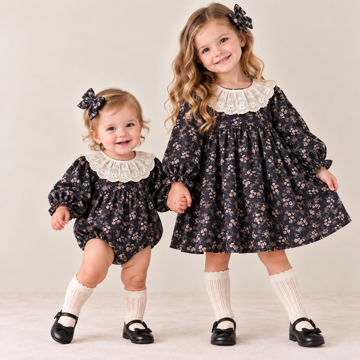 （Pre Order 2 Weeks）Sisters Fall Floral Print Lace Collar Dress&Romper